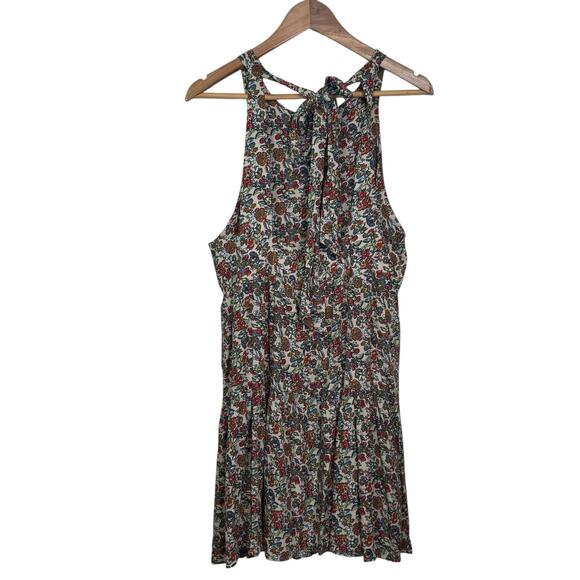 Natural Life Size Large Floral High Neck Tie Back Open Back Tiered Mini Dress - Picture 3 of 7